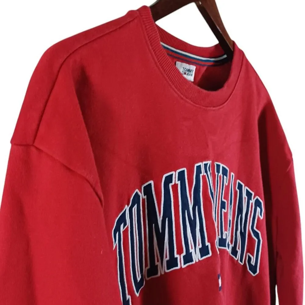 90s Vtg Tommy Hilfiger S Red Americana Short Crewneck Spellout Sweatshirt Jumper - Picture 3 of 9